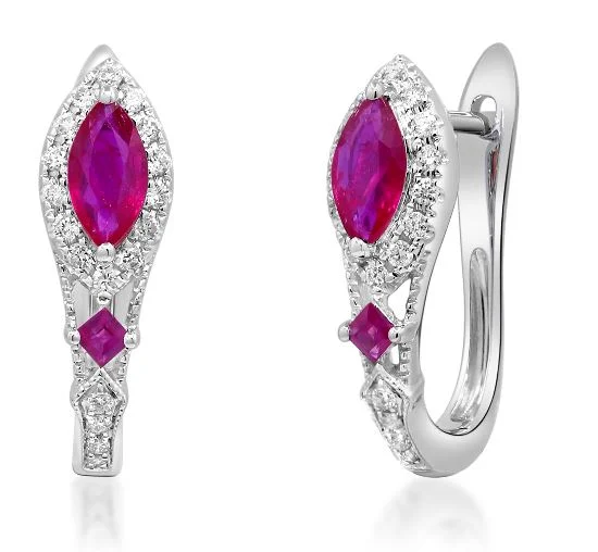 Drop Earrings for Concert Look -14W Marquise and Round Ruby and Diamond J Hoop Earrings