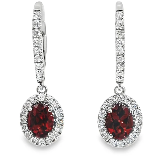 Drop Earrings with Textured Surface -14W Oval Garnet and Diamond Halo Leverback Dangle Earrings