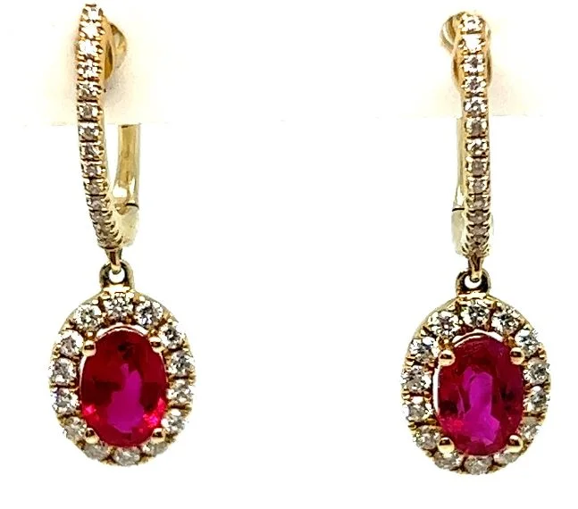 Drop Earrings for Wellness Routine -14Y Oval Ruby and Diamond Halo Hoop Dangle Earrings 