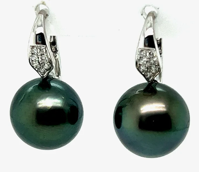 Drop Earrings for Graduation Day -18W 11m Tahitian Pearl & Diamond Leverback Earrings