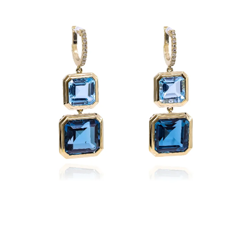 Small Drop Earrings for Delicate -18K YELLOW GOLD LONDON BLUE AND SKY BLUE TOPAZ DIAMOND EARRINGS