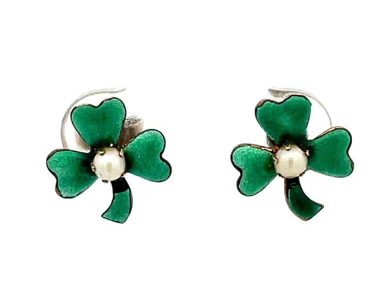 Hippie Drop Earrings with Beads -3 Leaf Clover and Pearl Green Enamel Earrings in 14k Gold