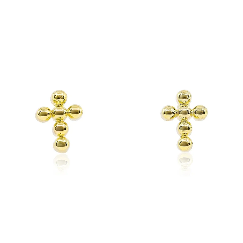 Drop Earrings for Office Wear -14K YELLOW GOLD BEADED CROSS STUD EARRINGS