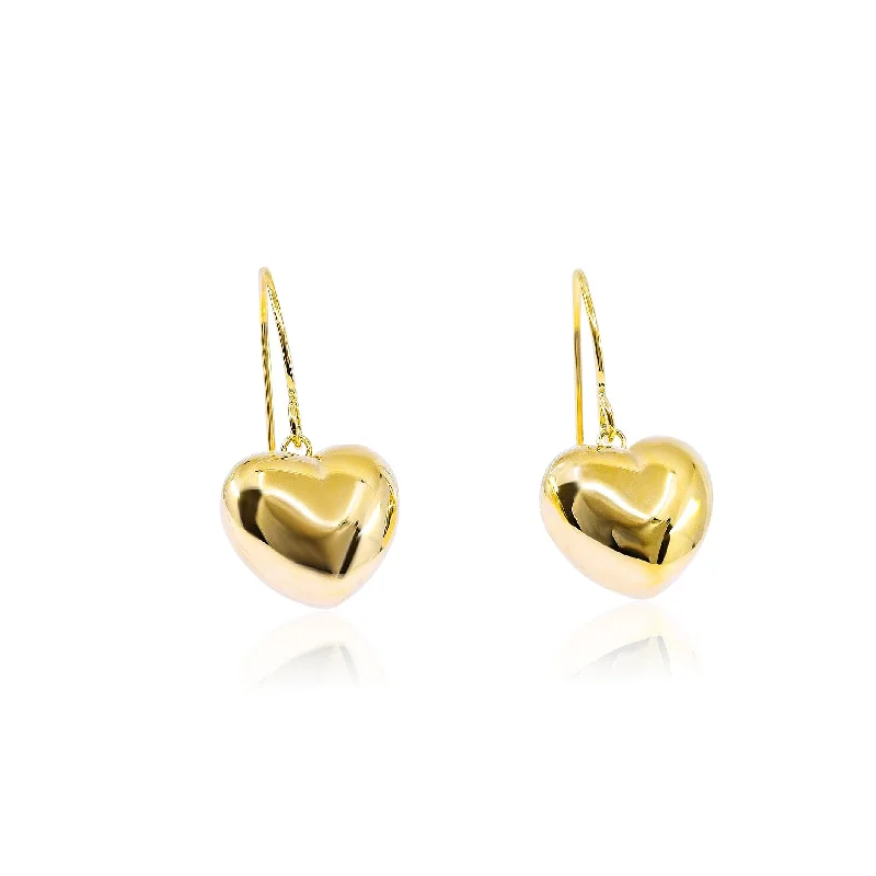 Drop Earrings for Prom Night -14K YELLOW GOLD PUFFED HEART EARRINGS