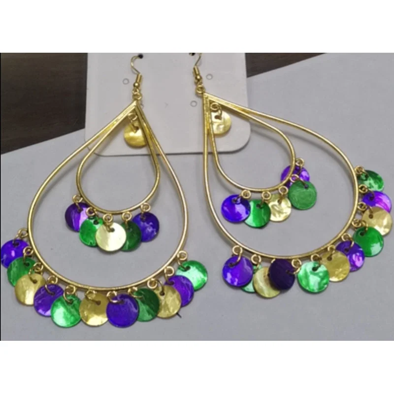 Drop Earrings with Knot Designs -Double Oval Dangle Earrings, Mardi Gras, 6.5"