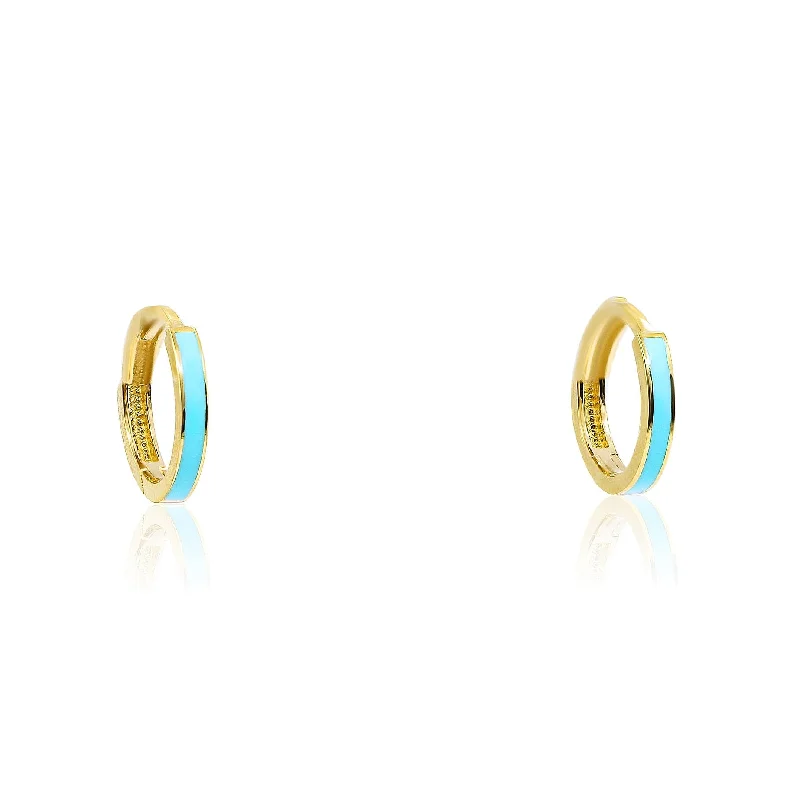 Drop Earrings with Enamel Coating -14K YELLOW GOLD TURQUOISE ENAMEL BABY HOOP EARRINGS