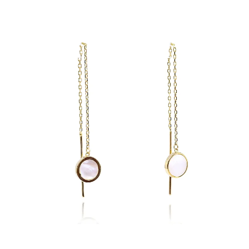 Drop Earrings for Engagement Party -14K YELLOW GOLD ROUND MOTHER-OF-PEARL THREADER EARRINGS