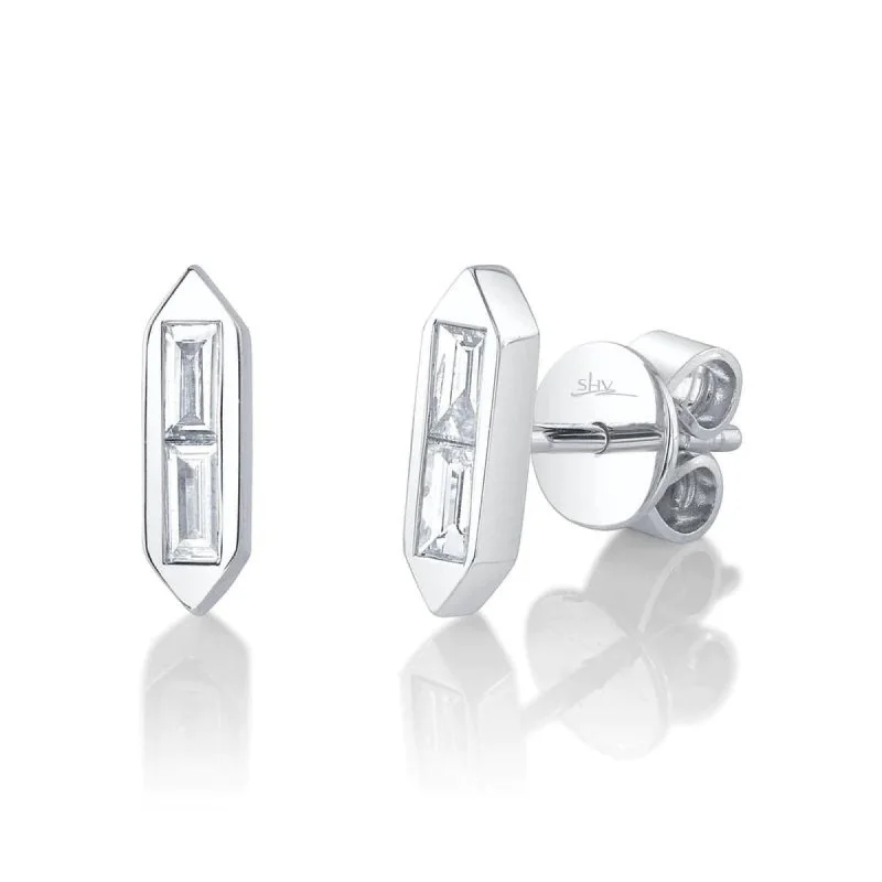 Drop Earrings with Vine Designs -SHY CREATION 14K WHITE GOLD BAGUETTE DIAMOND BAR STUD EARRINGS