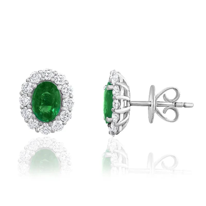 Ethnic Drop Earrings with Tribal Design -18K WHITE GOLD OVAL EMERALD DIAMOND STUD EARRINGS