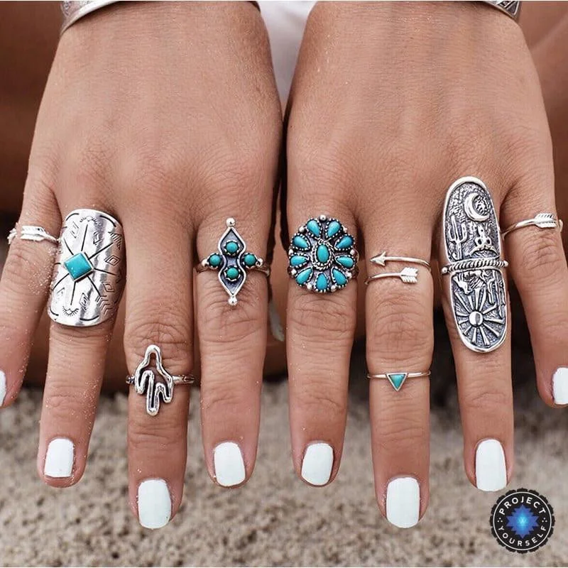 9-Piece Vintage Turquoise Ring Set