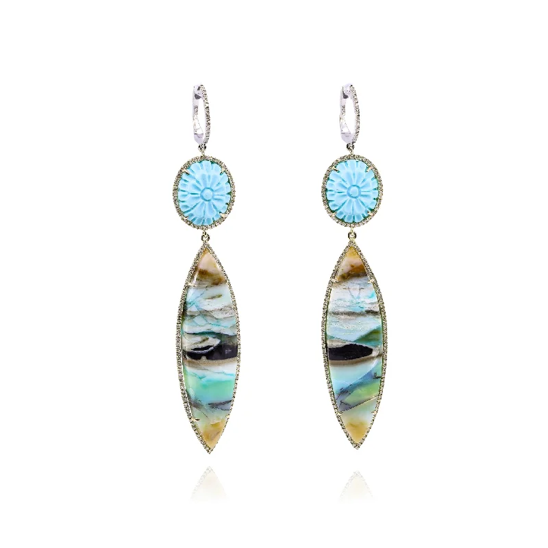 Drop Earrings for Concert Look -MEIRA T 14K YELLOW AND WHITE FOSSILIZED OPAL TURQUOISE AND DIAMOND DANGLE EARRINGS