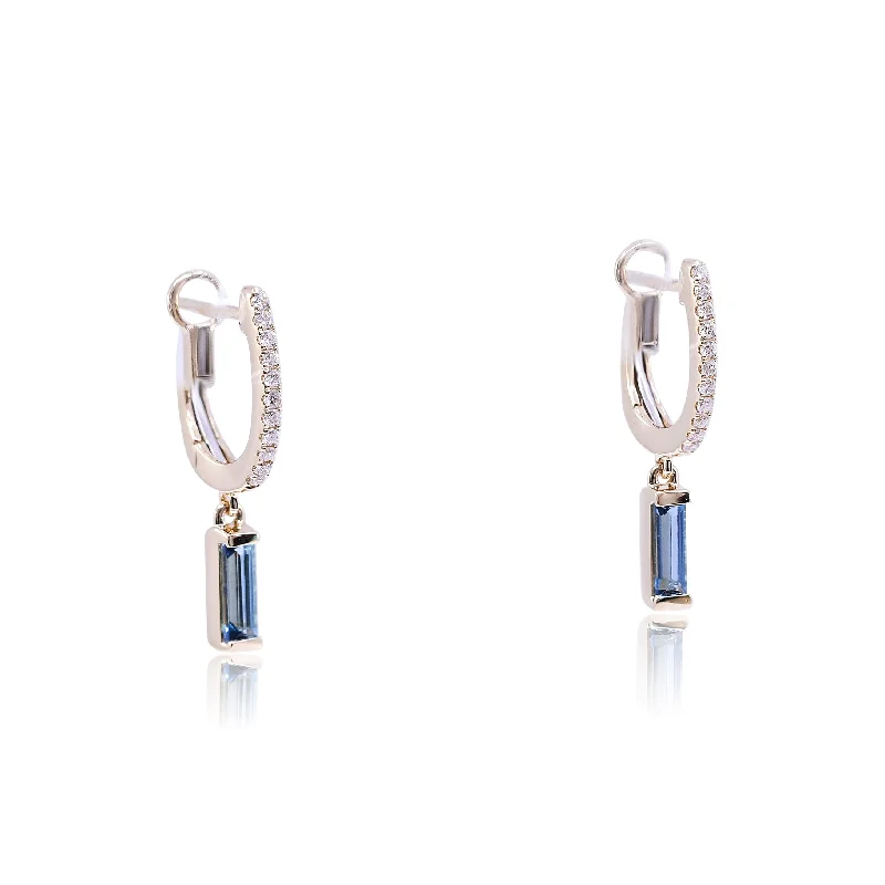 Drop Earrings for Concert Look -14K YELLOW GOLD BAGUETTE BLUE TOPAZ DIAMOND HUGGIE DANGLE EARRINGS