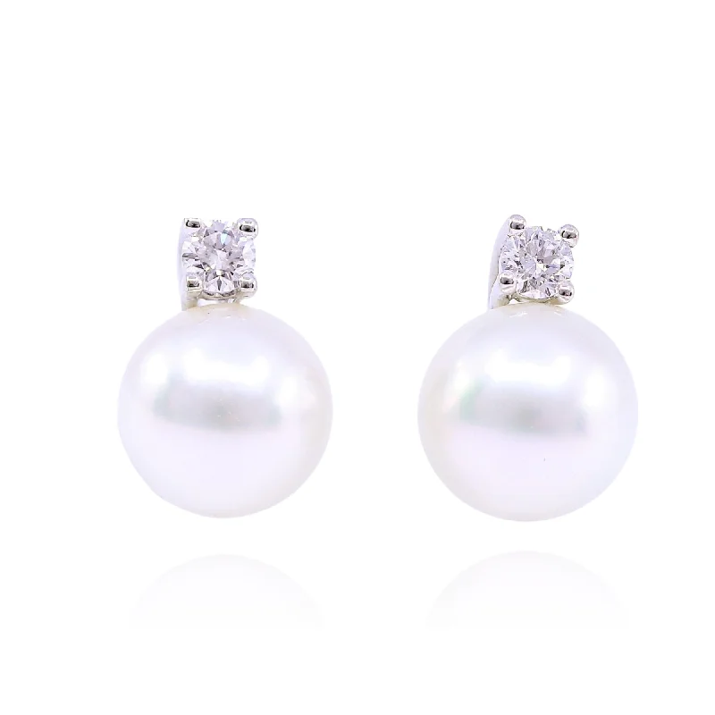 Waterproof Drop Earrings for Outdoor -18K WHITE GOLD 8.5-9MM SOUTH SEA PEARL DIAMOND STUD EARRINGS - 0.35CTW