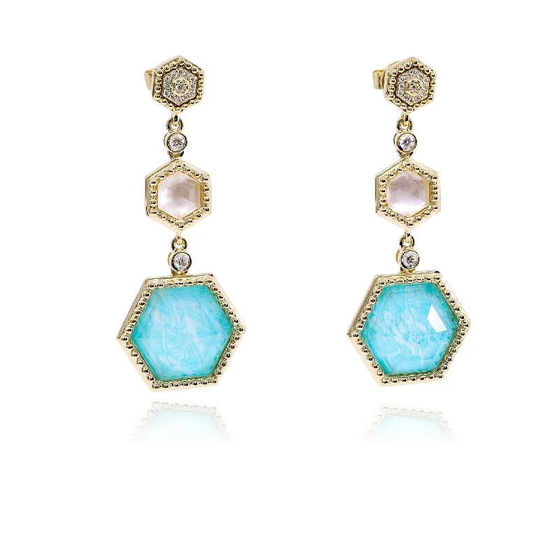 Crystal Drop Earrings for Sparkle -18K YELLOW GOLD AMAZONITE QUARTZ MOTHER-OF-PEARL DANGLE EARRINGS