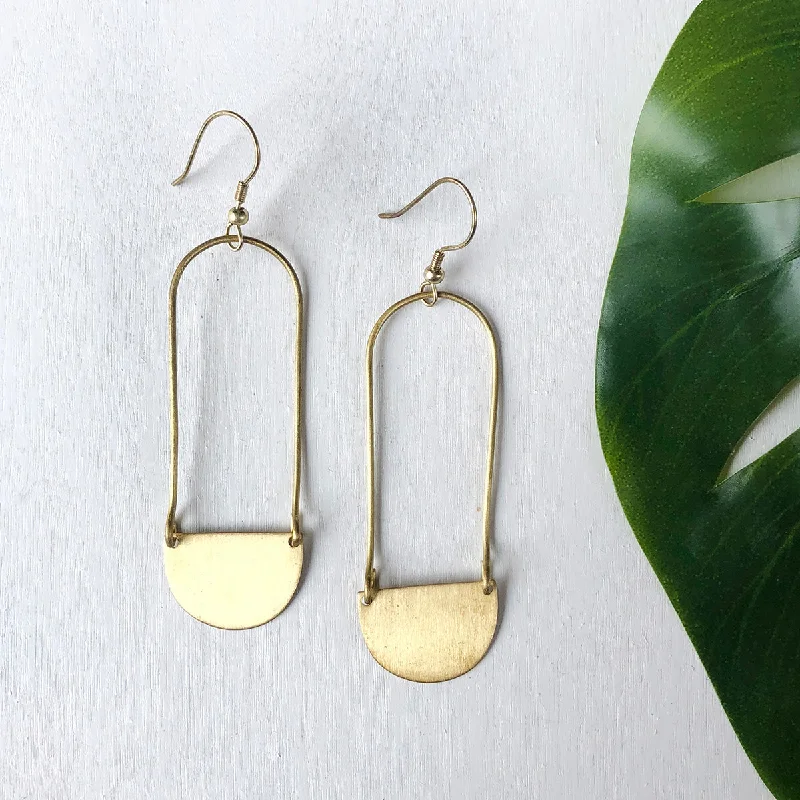 Long Drop Earrings for Dramatic -Aliya Half Moon Brass Earrings