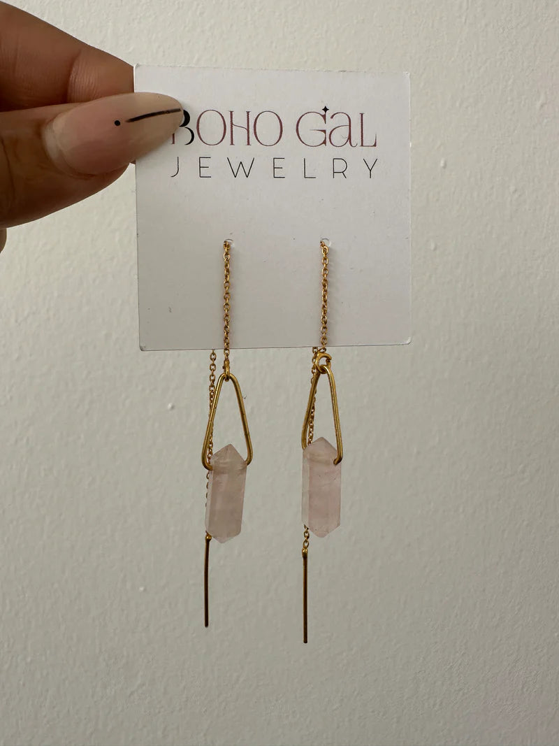 Maximalist Drop Earrings for Bling -Alohi Rose Quartz Threader Earrings