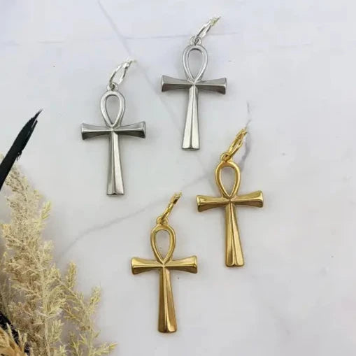 Screw Back Drop Earrings for Security -Ankh Brass Earrings