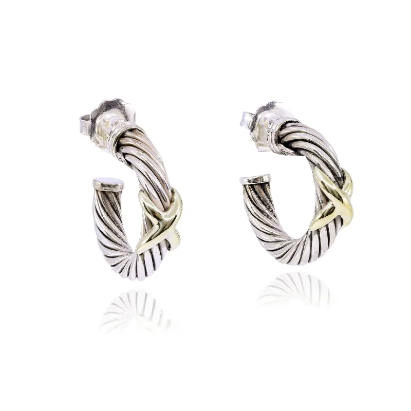 Adjustable Drop Earrings for Custom Fit -ESTATE DAVID YURMAN STERLING SILVER 14K YELLOW GOLD X HOOP EARRINGS