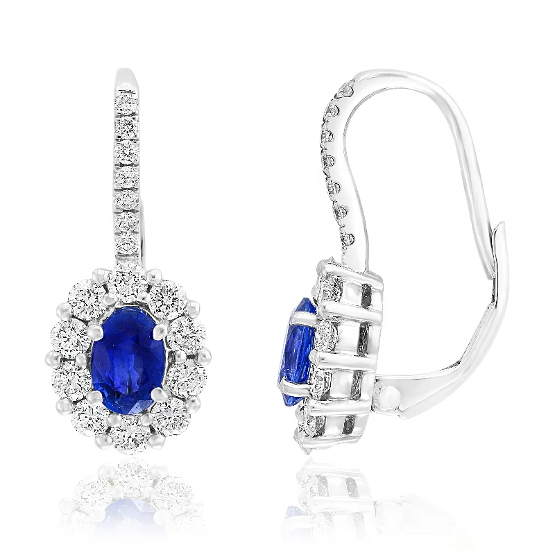 Floral Drop Earrings with Petals -18K WHITE GOLD OVAL SAPPHIRE DIAMOND LEVERBACK EARRINGS