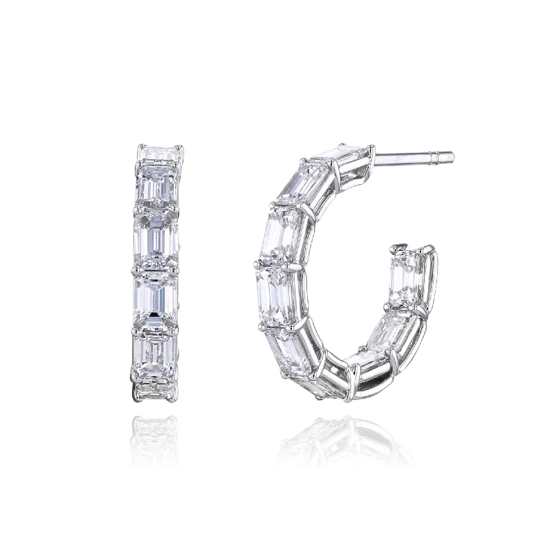 Drop Earrings for Festival Style -18K WHITE GOLD EMERALD-CUT DIAMOND HOOP EARRINGS - 5.19CTW