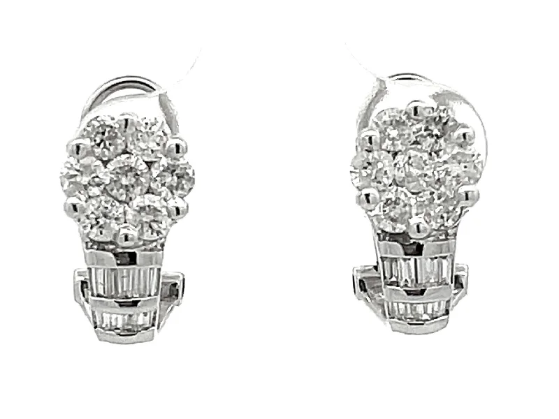 Drop Earrings for Party Look -Baguette and Round Brilliant Diamond Flower Huggie Earrings in 14K White Gold