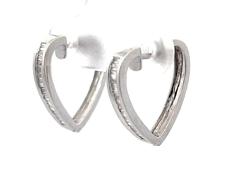 Drop Earrings for School Uniform -Baguette Diamond Heart Earrings 18K Solid White Gold