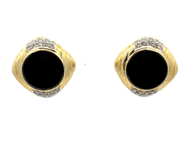 Floral Drop Earrings with Petals -Black Onyx and Diamond Earrings in 14k Yellow Gold