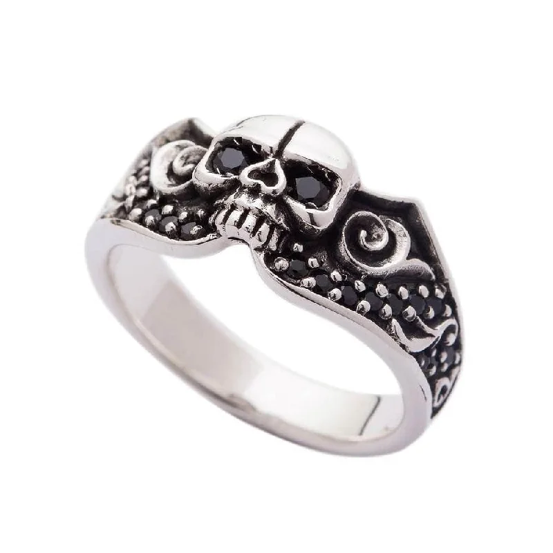 Black Stones Tribal Skull Sterling Silver Gothic Ring