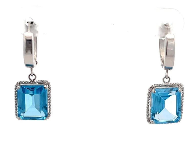 Detachable Drop Earrings with Charms -Blue Emerald Cut Topaz Drop Hoop Earrings in 14K White Gold