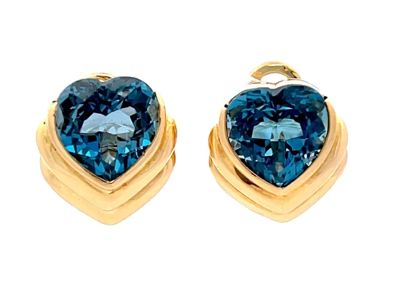 Drop Earrings with Floral Motifs -Blue Heart Shaped Topaz Earrings in 18K Yellow Gold