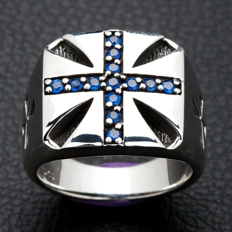 Blue Sapphire Cross Sterling Silver Biker Ring