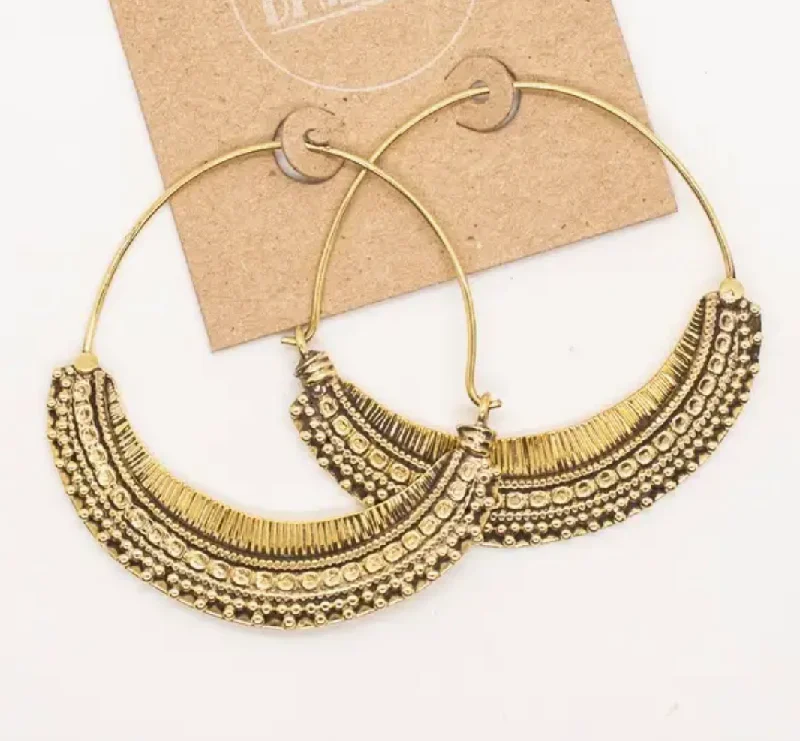 Push Back Drop Earrings for Convenience -Brass Deco Hoop Earrings