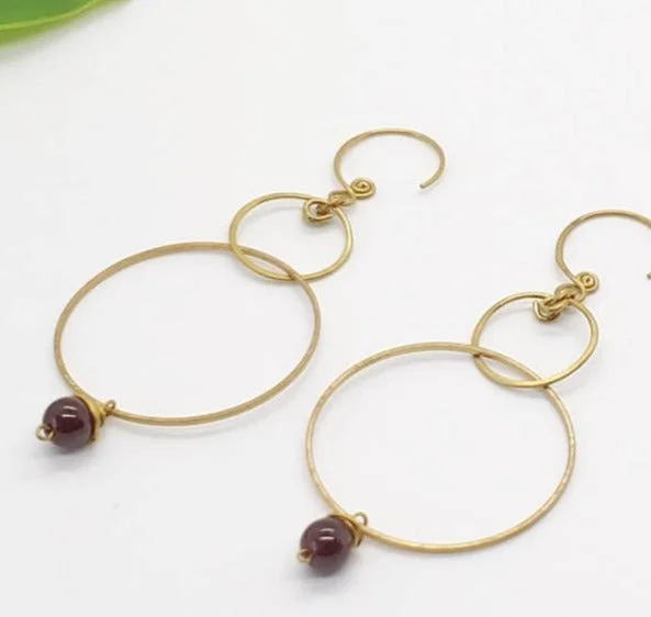 Triangular Drop Earrings for Edge -Double Hoop Brass Amethyst Earrings