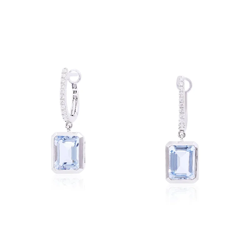 Drop Earrings for Prom Night -14K WHITE GOLD DIAMOND U-HOOP EMERALD-CUT AQUAMARINE DROP EARRINGS