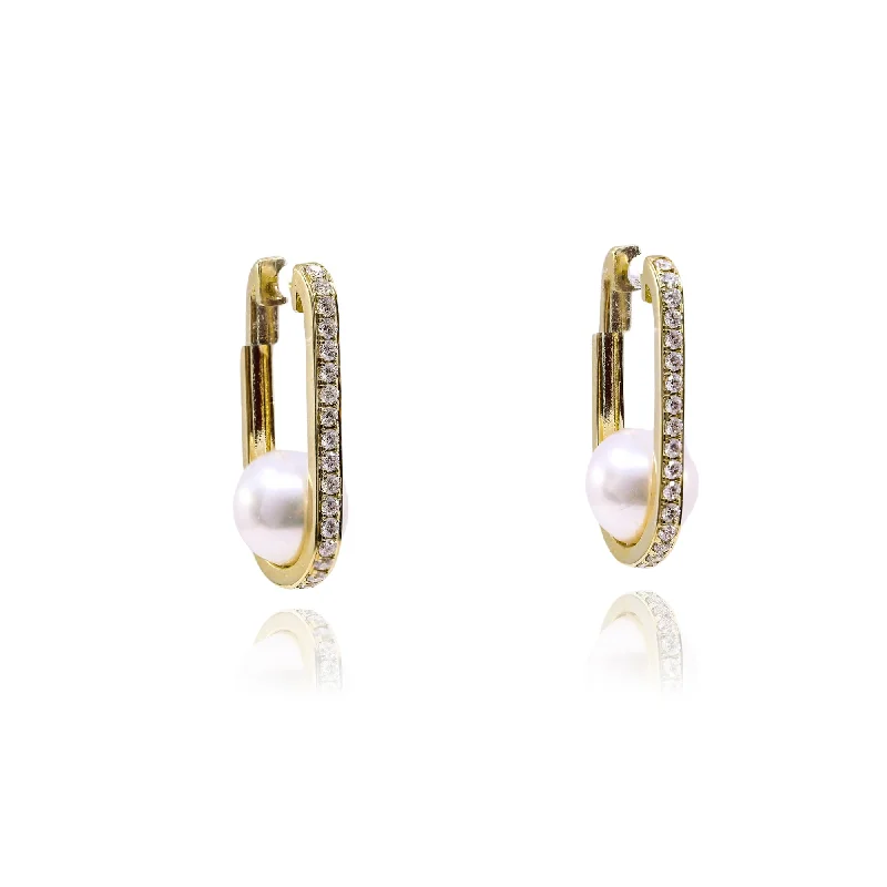 Lead Free Drop Earrings for Health -14K YELLOW GOLD DIAMOND JAPANESE CULTURED PEARL U-HOOP EARRINGS - 0.53CTW