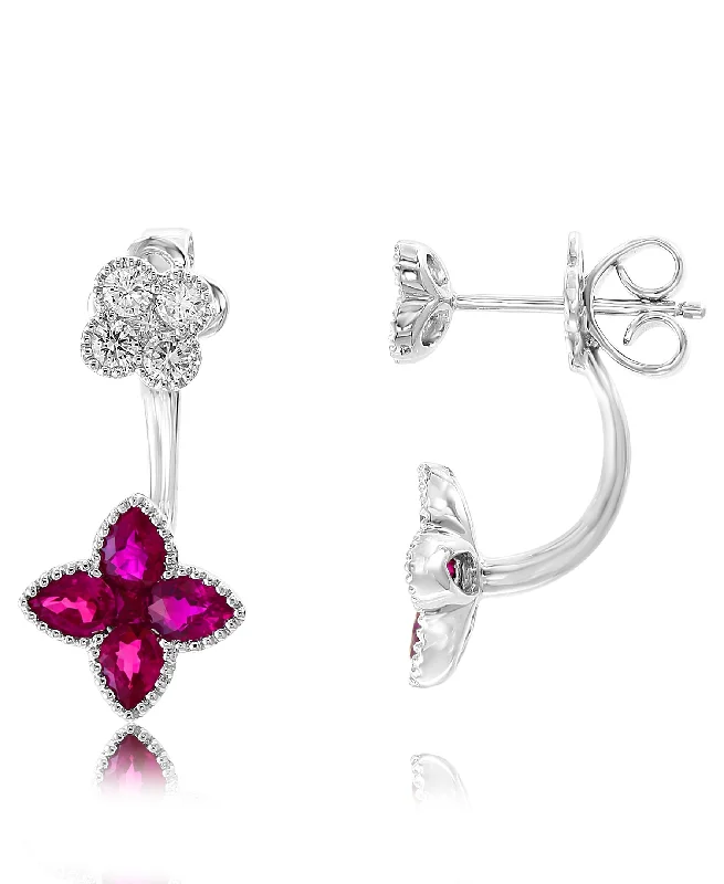 Hippie Drop Earrings with Beads -18K WHITE GOLD RUBY DIAMOND DROP EARRINGS