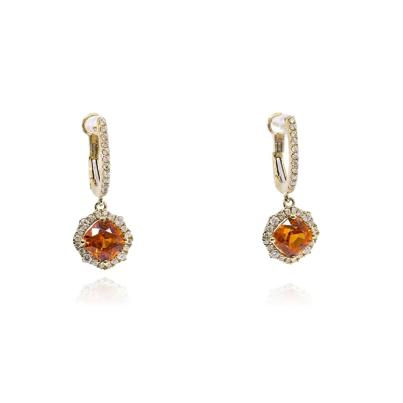 Drop Earrings for Evening Gown -14K YELLOW GOLD SPESSARTITE GARNET AND DIAMOND DANGLE EARRINGS