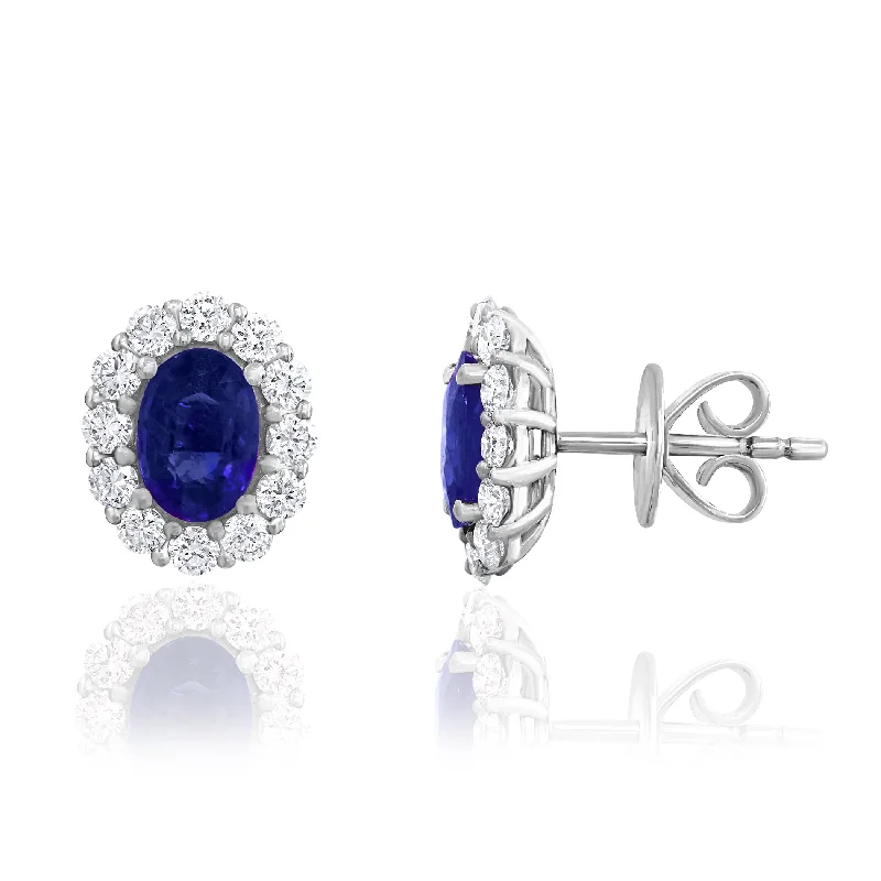 Gothic Drop Earrings with Dark Tone -18K WHITE GOLD OVAL SAPPHIRE DIAMOND STUD EARRINGS