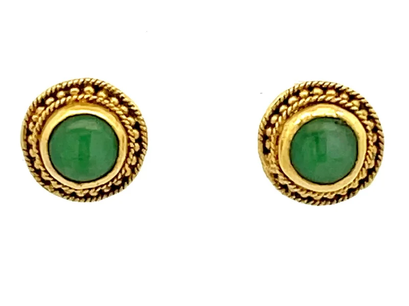 Drop Earrings with Etched Designs -Cabochon Jade Stud Earrings 10k Yellow Gold