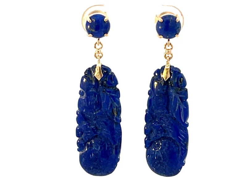 Drop Earrings with Polished Shine -Carved Dangly Lapis Lazuli 14K Yellow Gold Earrings