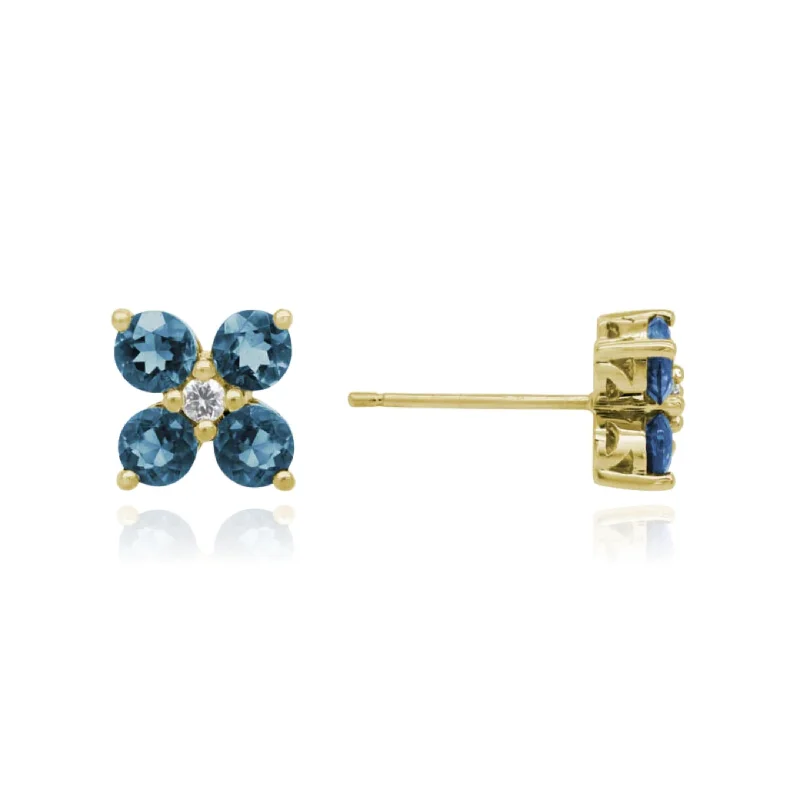 Drop Earrings for Christmas Party -14K YELLOW GOLD LONDON BLUE TOPAZ AND DIAMOND FLOWER STUD EARRINGS