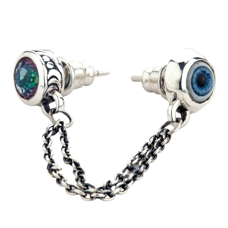 Sterling Silver Double Chain Linked Punk Style Evil Eye Piercing Stud Earring