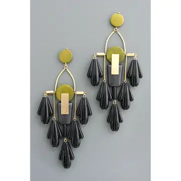 Drop Earrings with Etched Designs -Chandelier Artdeco Black and Green Shoulder Duster Post Earrings