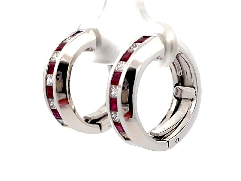 Drop Earrings for Party Look -Channel Set Ruby and Diamond Hoop Earrings 18k White Gold