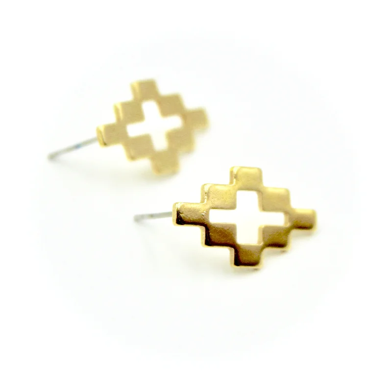 Hippie Drop Earrings with Beads -Checkered Geo Earrings - Brass