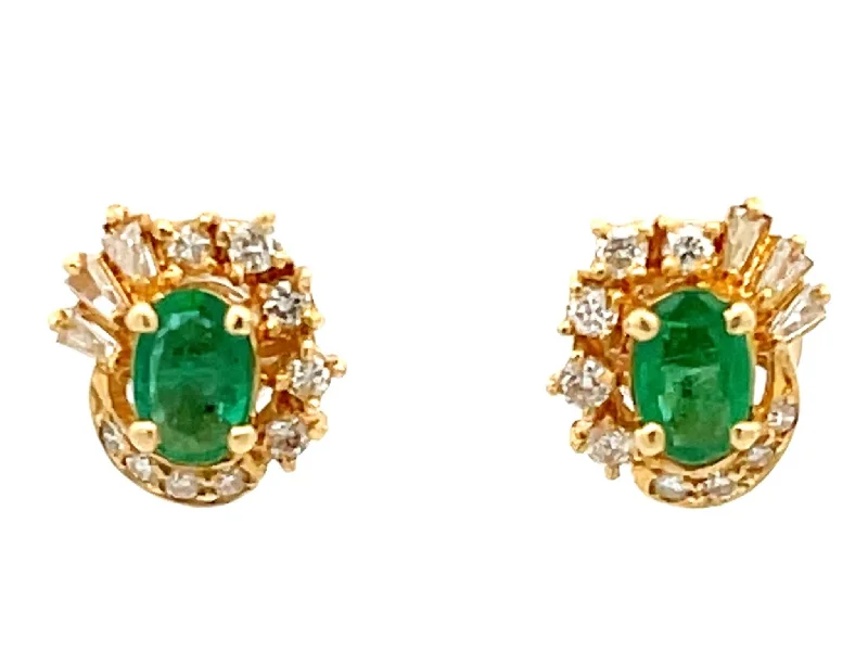 Drop Earrings for Yoga Session -Columbian Emerald and Diamond Halo Stud Earrings in 18k Yellow Gold