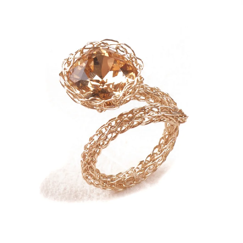 Contemporary Cocktail Ring , Adjustable Ring , Amber Crystal , Sparkle , Statement , Wire Crochet