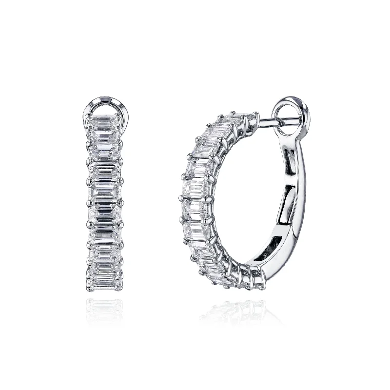 Drop Earrings with Leaf Motifs -18K WHITE GOLD EMERALD-CUT DIAMOND HOOP EARRINGS - 2.67CTW