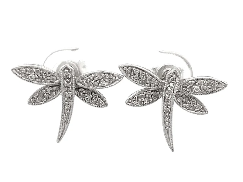 Hypoallergenic Drop Earrings for Sensitive -Diamond Dragonfly Earrings in 14k White Gold