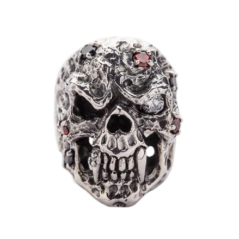 Diamond Eyes Vampire Skull Sterling Silver Ring